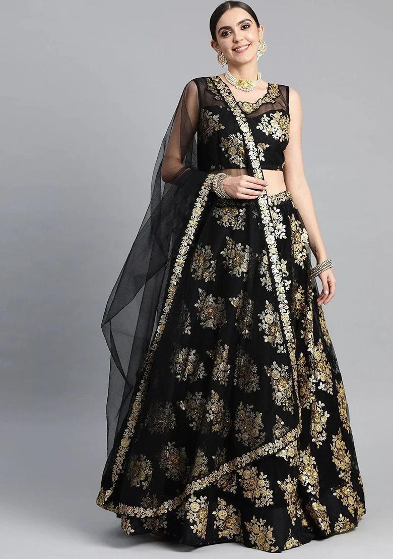 Black Thread Embroidery Net Lehenga Choli Set