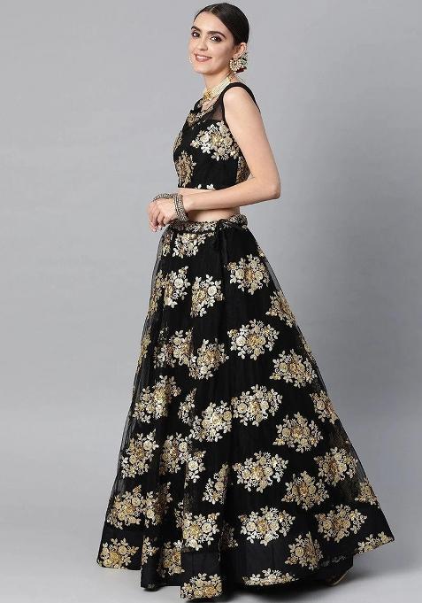 Black Thread Embroidery Net Lehenga Choli Set