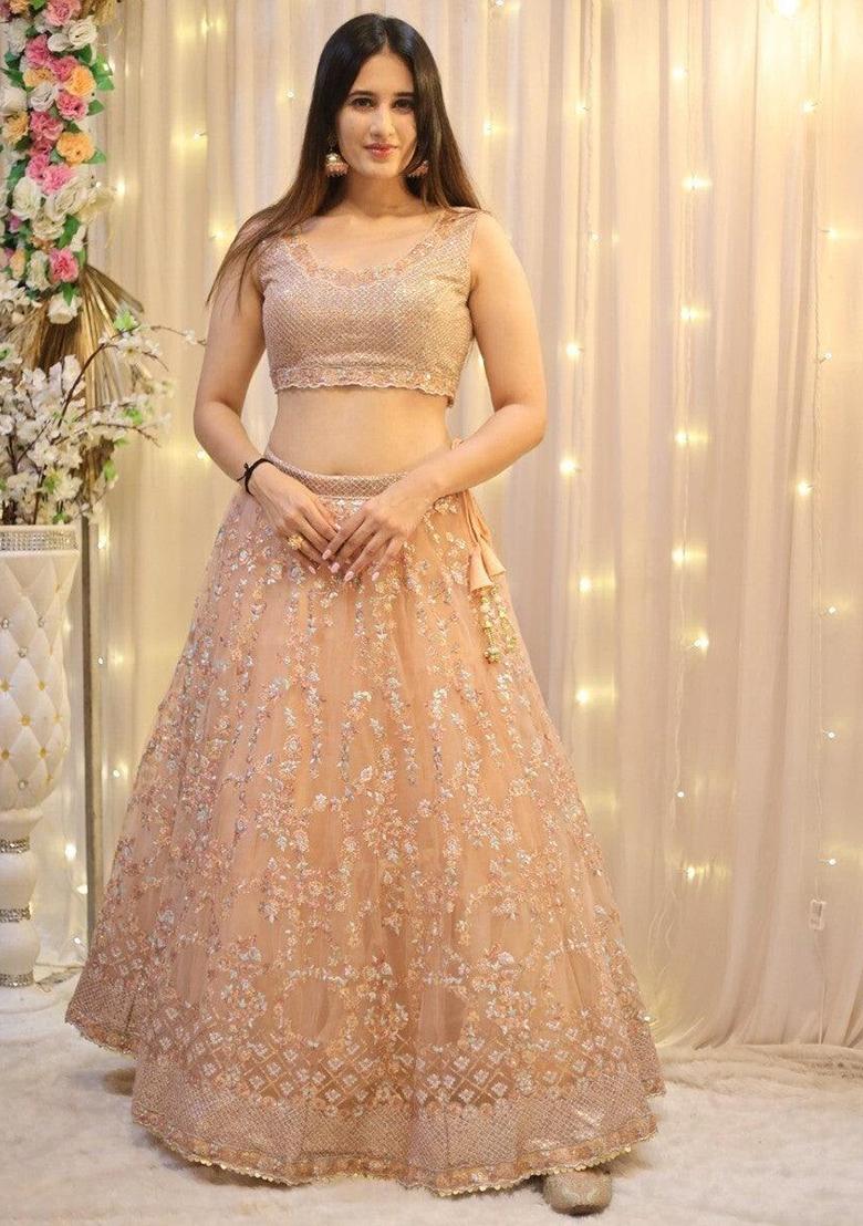Peach Thread Embroidery Net Lehenga Choli Set