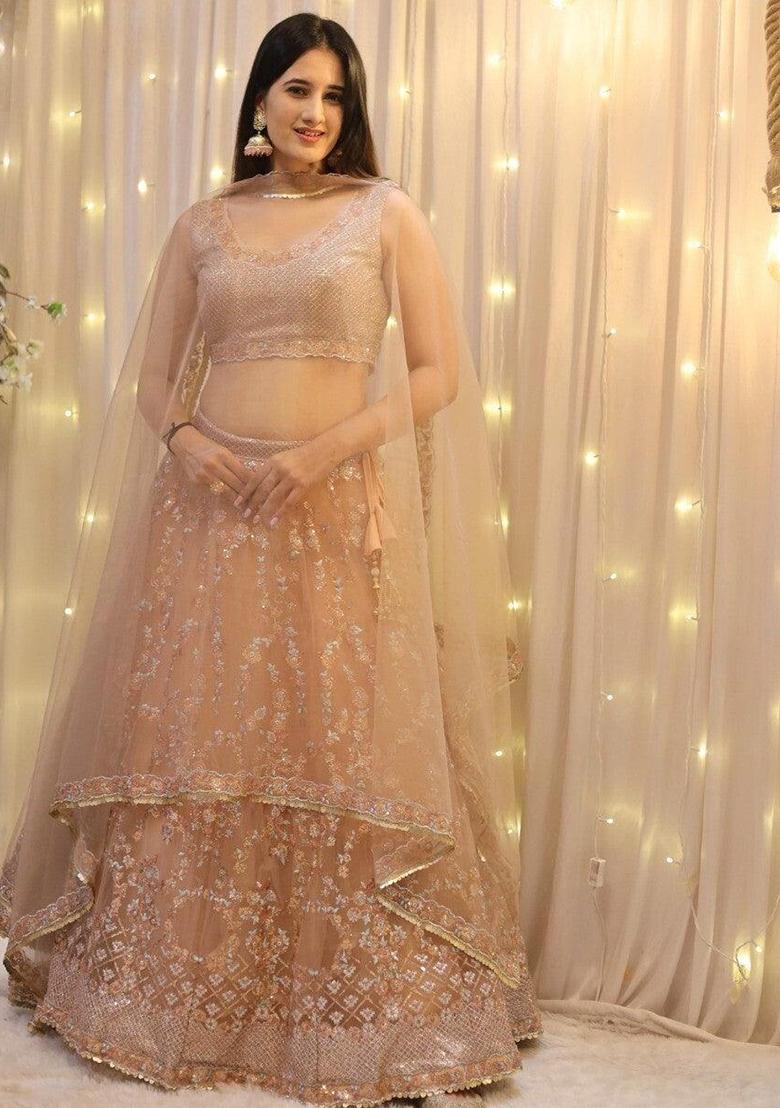 Peach Thread Embroidery Net Lehenga Choli Set
