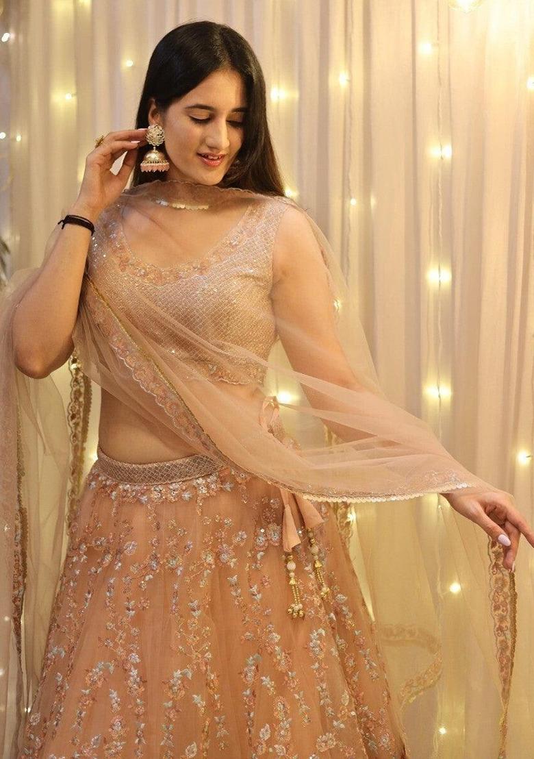 Peach Thread Embroidery Net Lehenga Choli Set