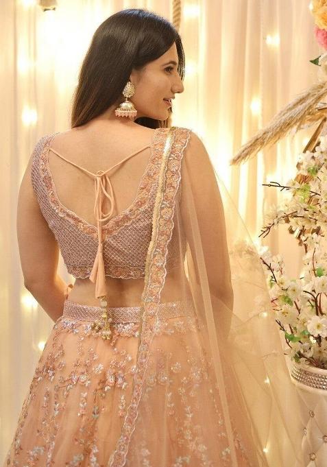 Peach Thread Embroidery Net Lehenga Choli Set