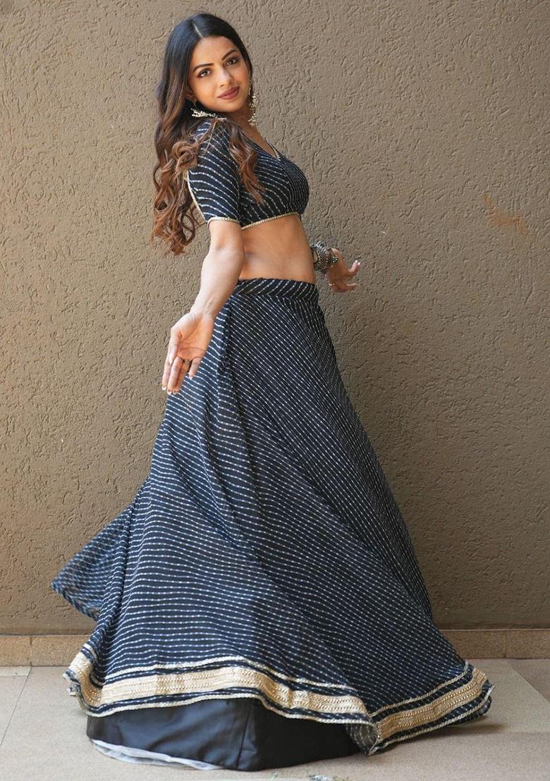 Black Thread Embroidery Georgette Lehenga Choli Set - Indya