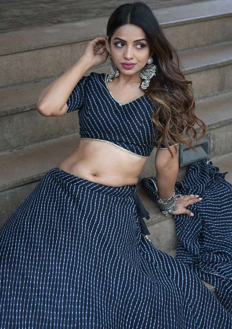 Black Thread Embroidery Georgette Lehenga Choli Set for Diwali and Festive Wear - Indya