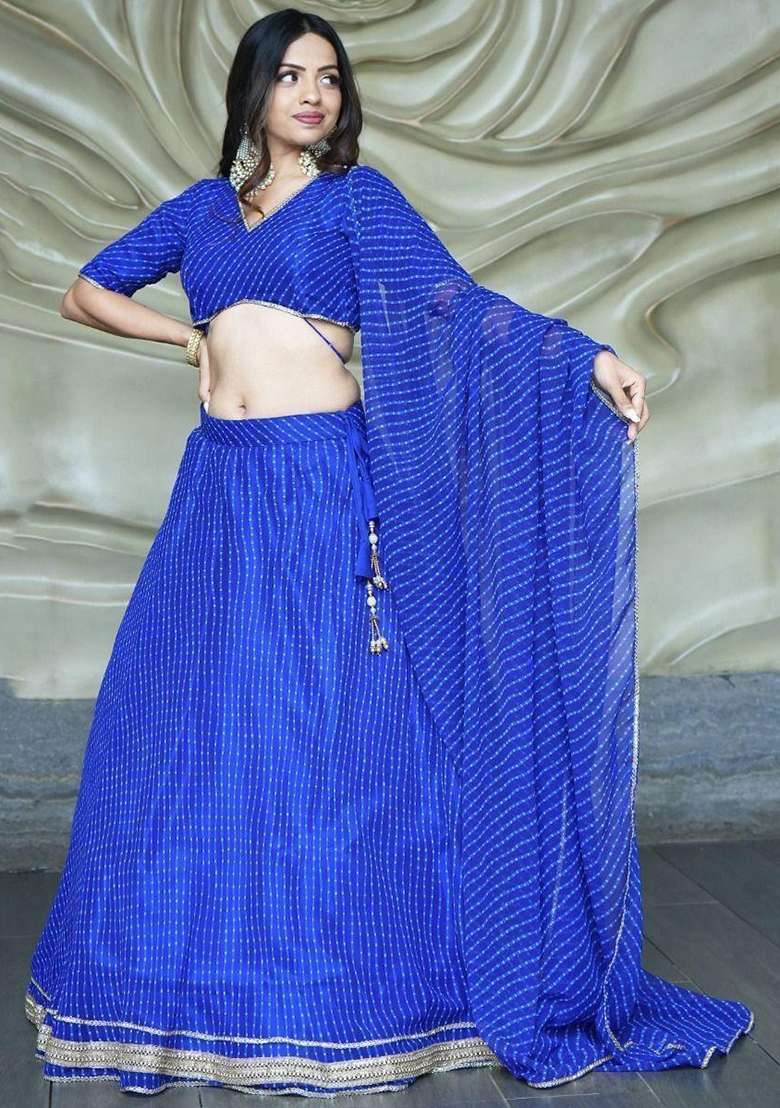 Blue Thread Embroidery Georgette Lehenga Choli Set for Diwali and Festive Wear - Indya