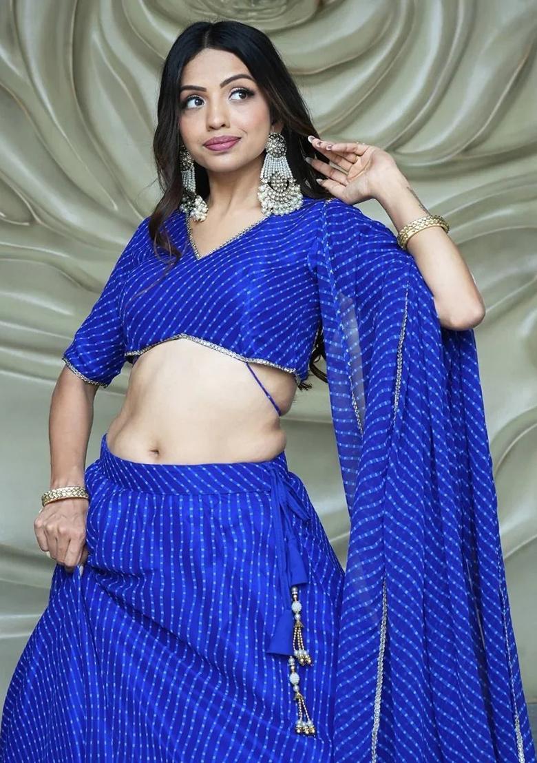 Blue Thread Embroidery Georgette Lehenga Choli Set - Indya