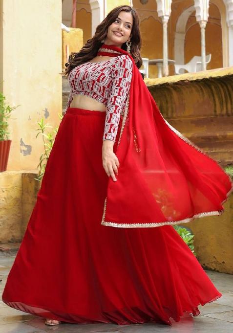 Red Thread Embroidery Georgette Lehenga Choli Set