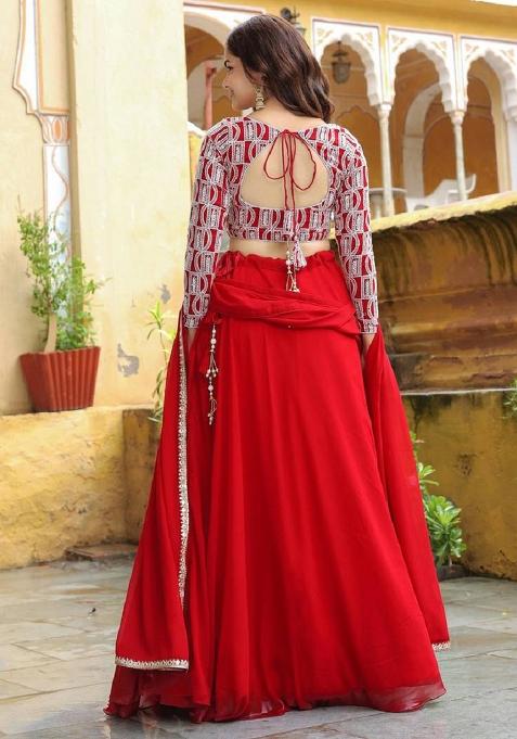 Red Thread Embroidery Georgette Lehenga Choli Set