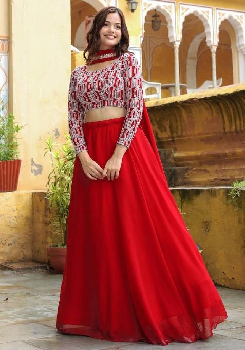 Red Thread Embroidery Georgette Lehenga Choli Set