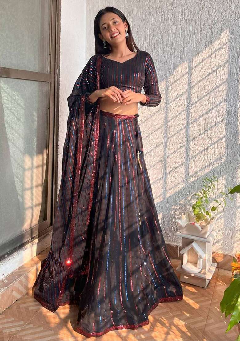 Black Thread Embroidery Georgette Lehenga Choli Set for Diwali and Festive Wear - Indya