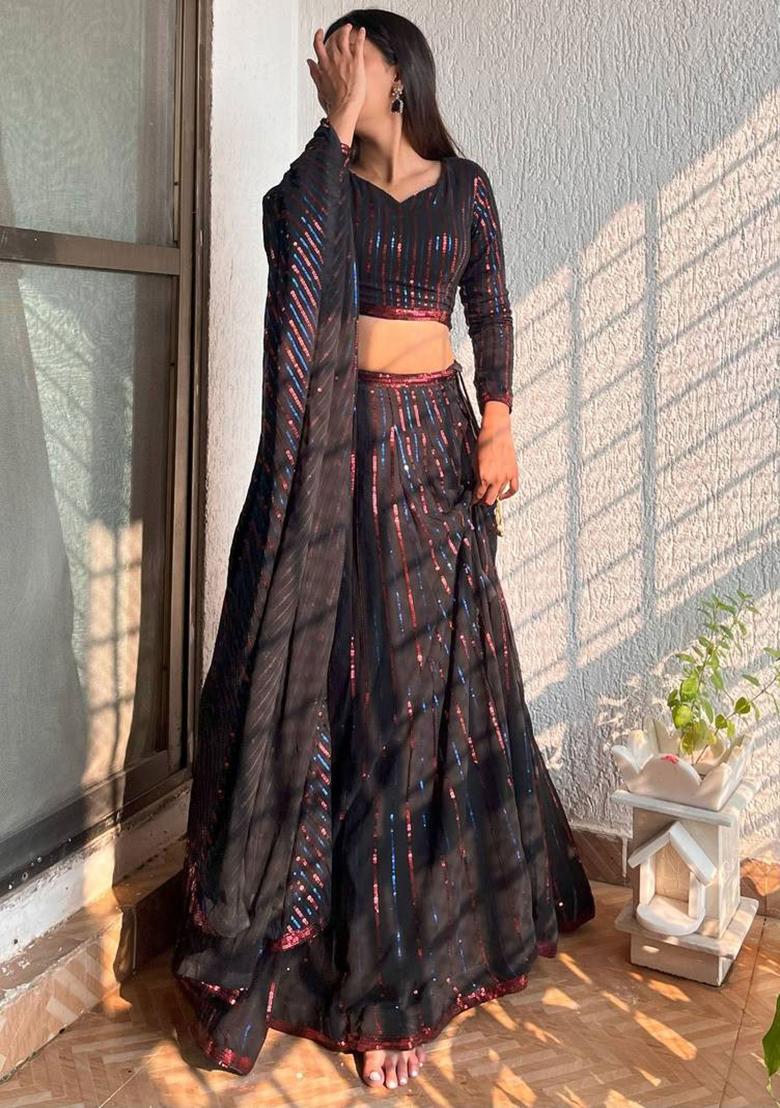 Black Thread Embroidery Georgette Lehenga Choli Set - Indya