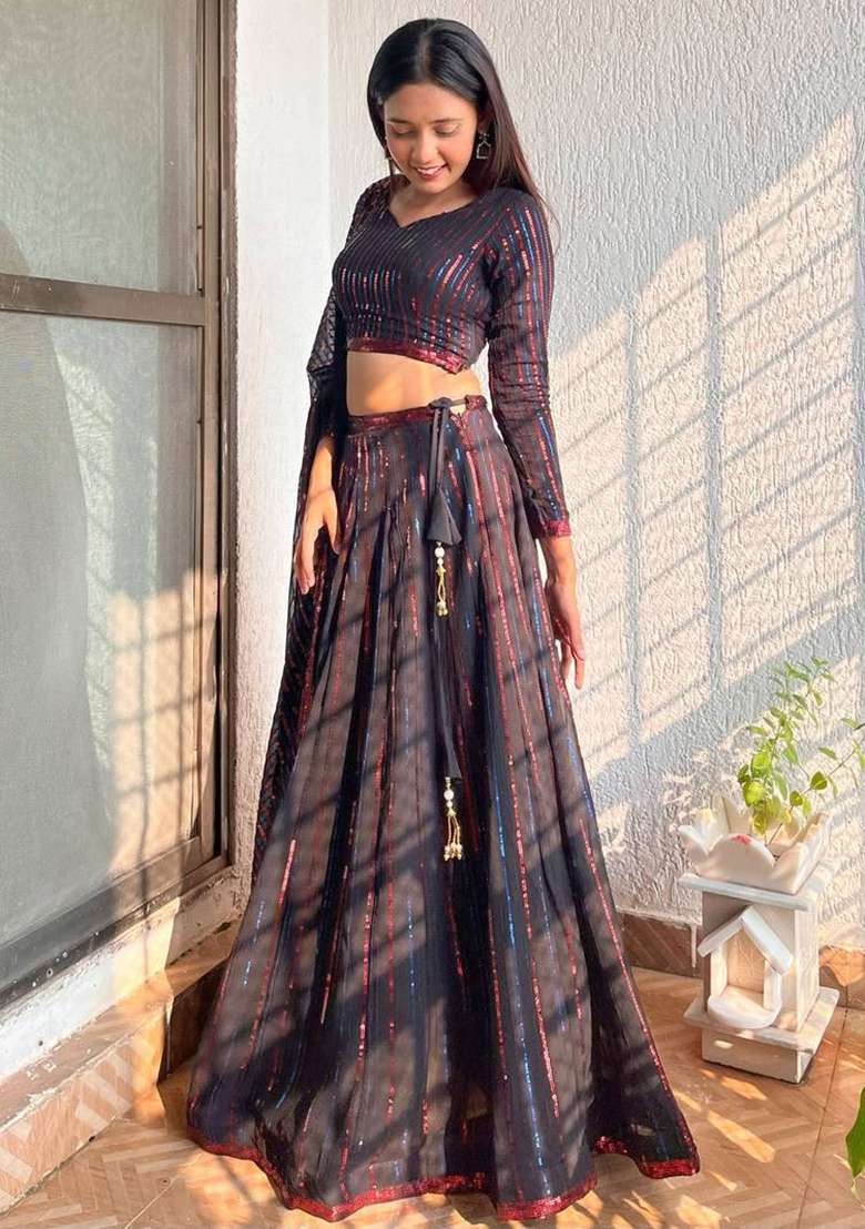 Black Thread Embroidery Georgette Lehenga Choli Set for Diwali and Festive Wear - Indya
