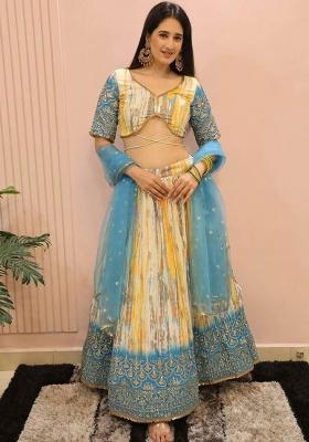 White Thread Embroidery Silk Lehenga Choli Set