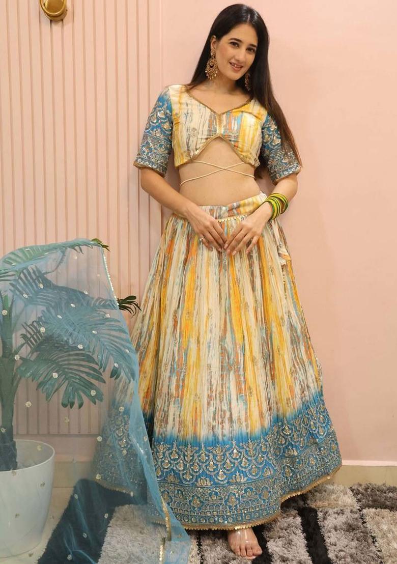 White Thread Embroidery Silk Lehenga Choli Set