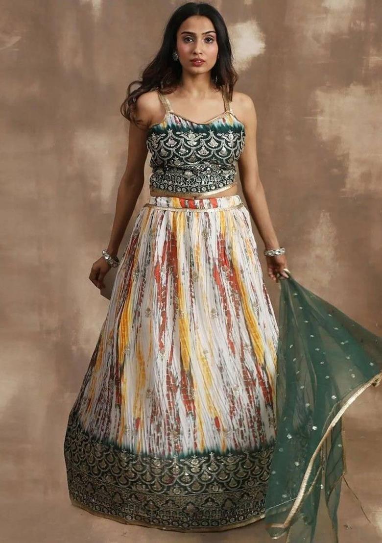 Green Thread Embroidery Silk Lehenga Choli Set