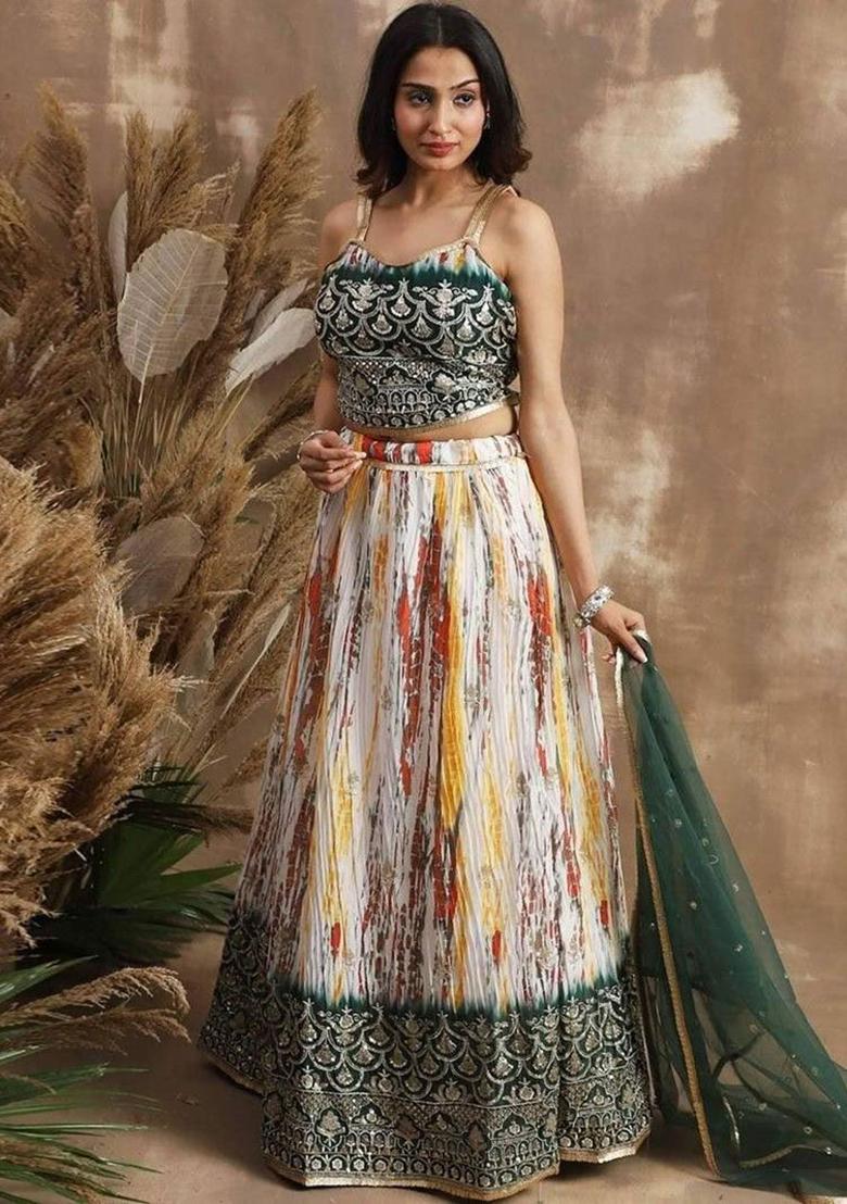 Green Thread Embroidery Silk Lehenga Choli Set