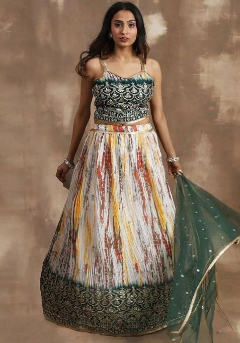 Green Thread Embroidery Silk Lehenga Choli Set