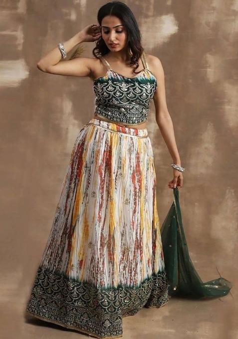 Green Thread Embroidery Silk Lehenga Choli Set