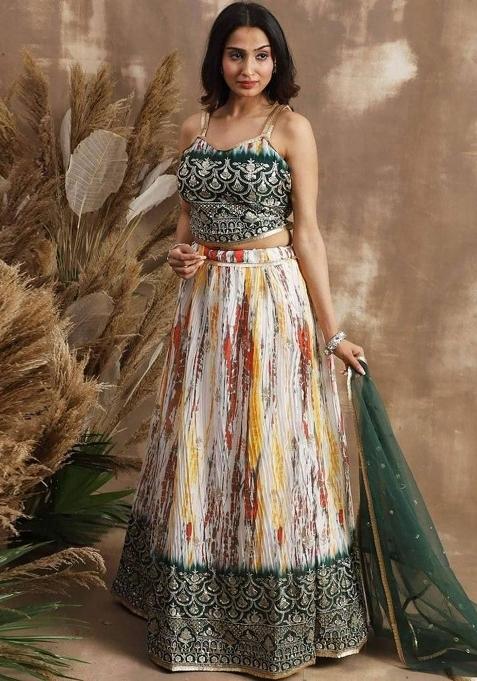 Green Thread Embroidery Silk Lehenga Choli Set