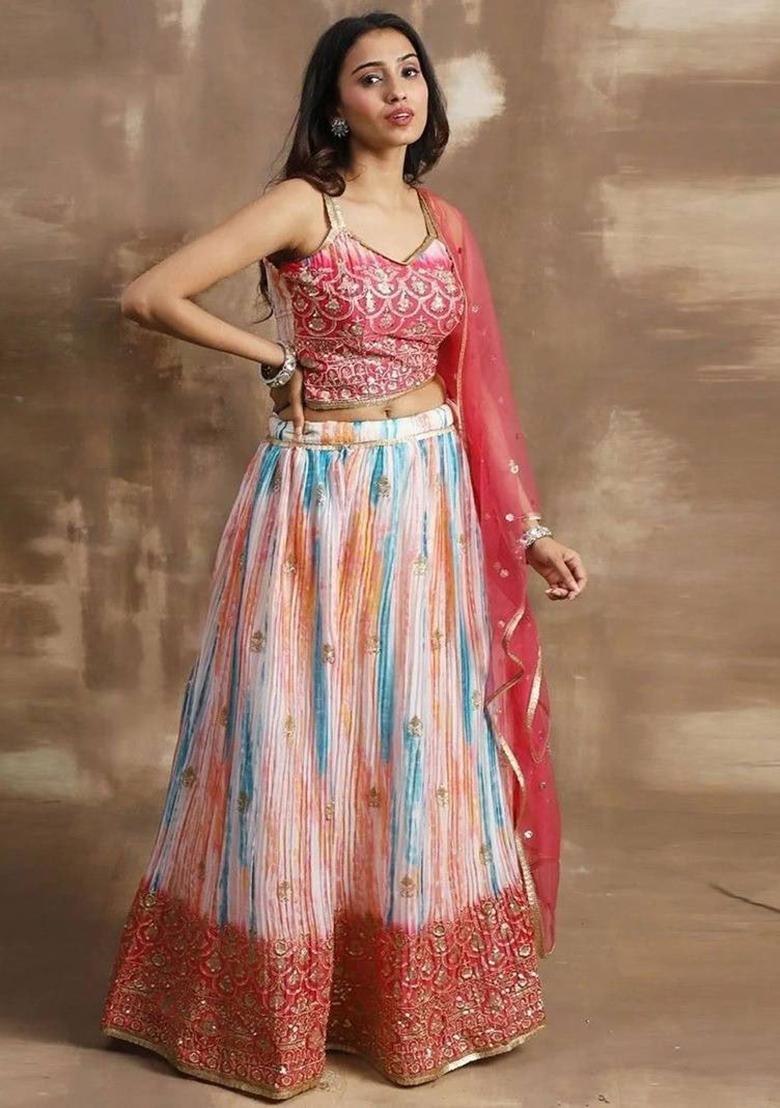 Pink Thread Embroidery Silk Lehenga Choli Set