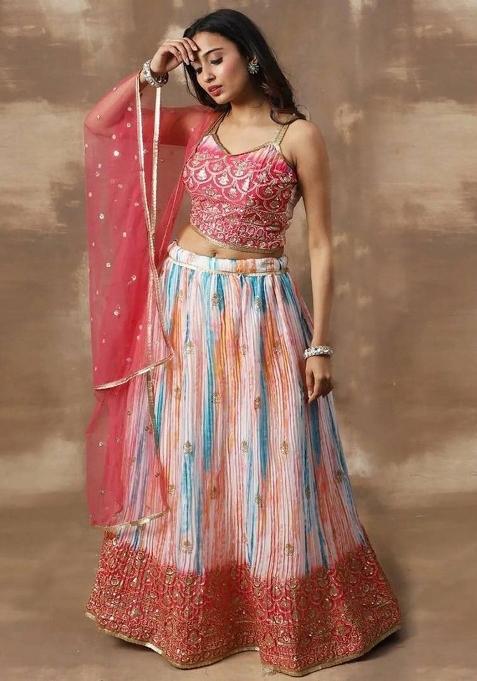 Pink Thread Embroidery Silk Lehenga Choli Set