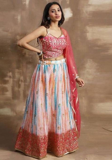 Pink Thread Embroidery Silk Lehenga Choli Set