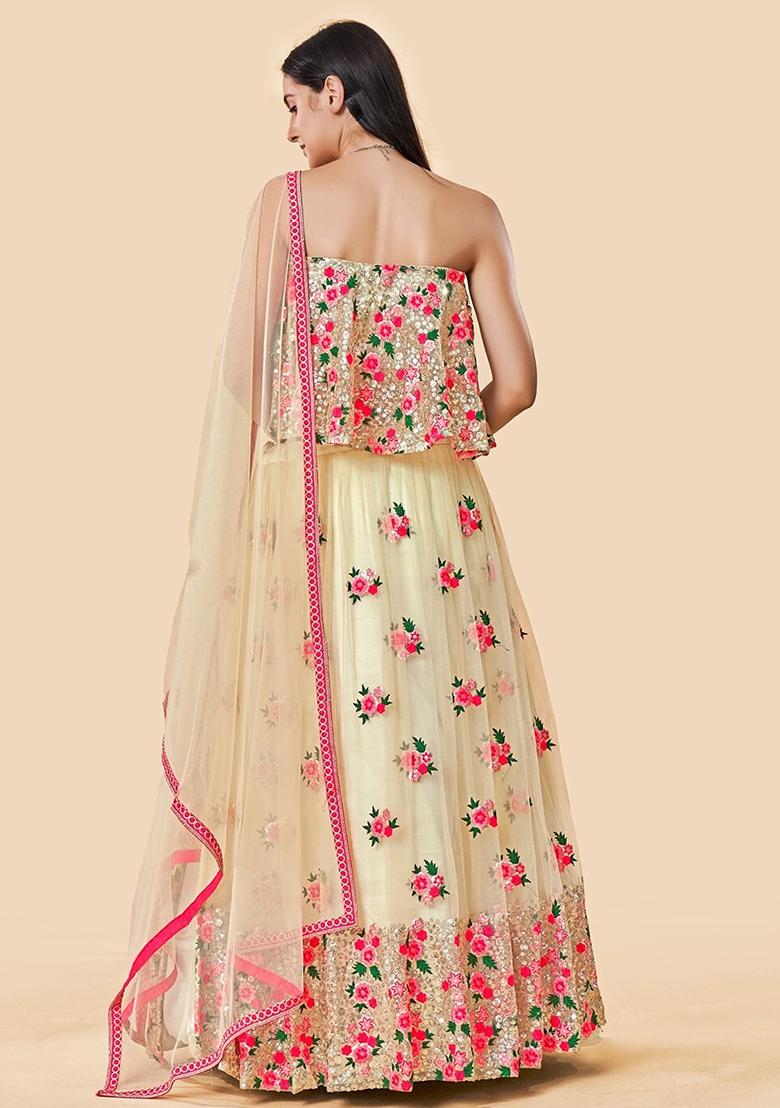 Off White Thread Embroidery Net Lehenga Choli Set