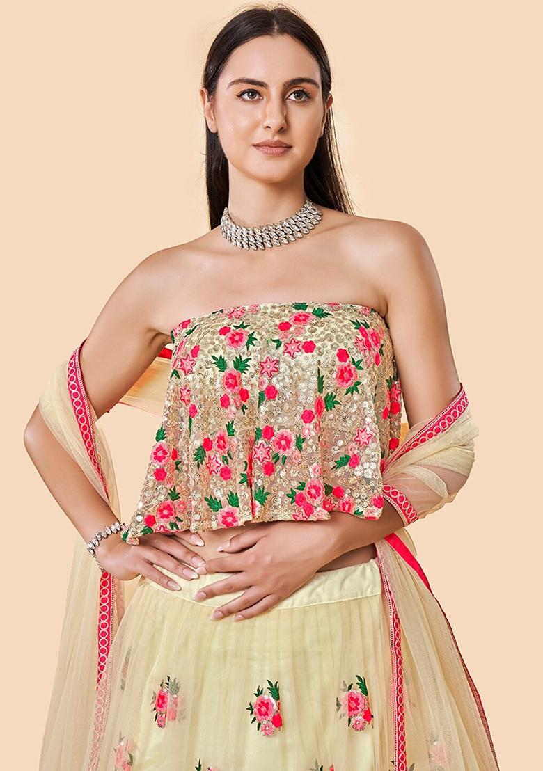 Off White Thread Embroidery Net Lehenga Choli Set