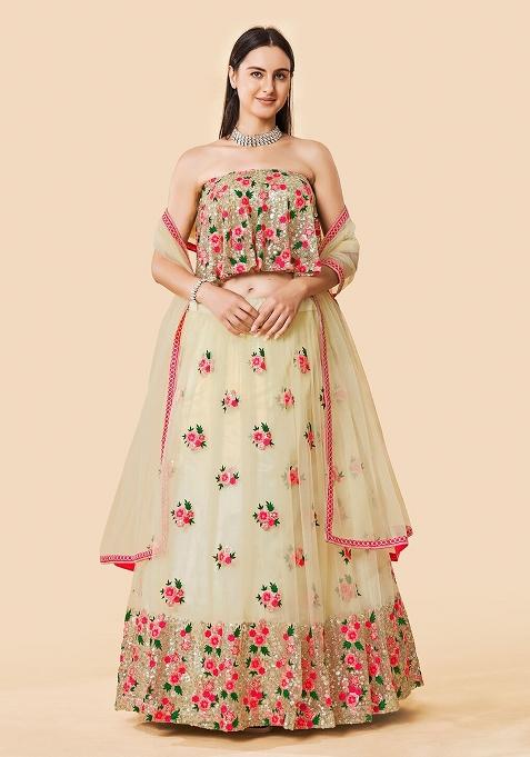 Off White Thread Embroidery Net Lehenga Choli Set