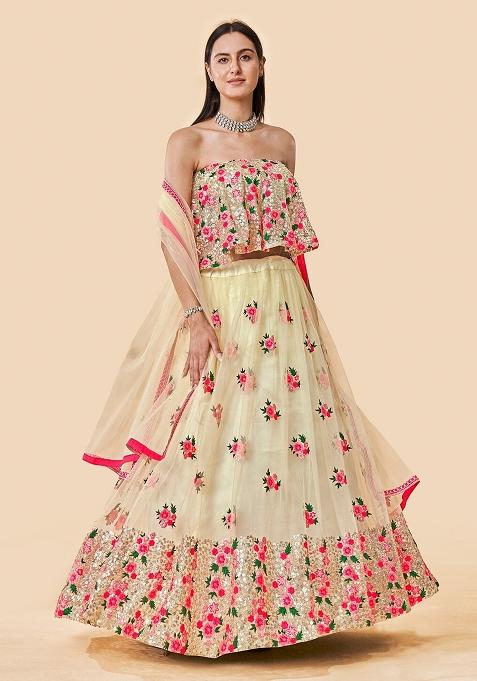 Off White Thread Embroidery Net Lehenga Choli Set