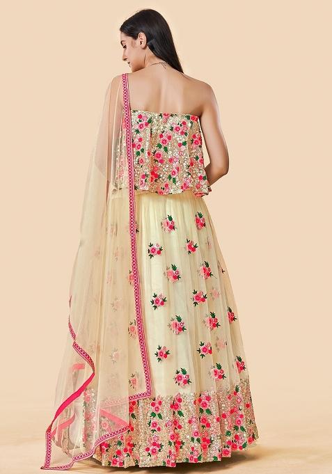 Off White Thread Embroidery Net Lehenga Choli Set