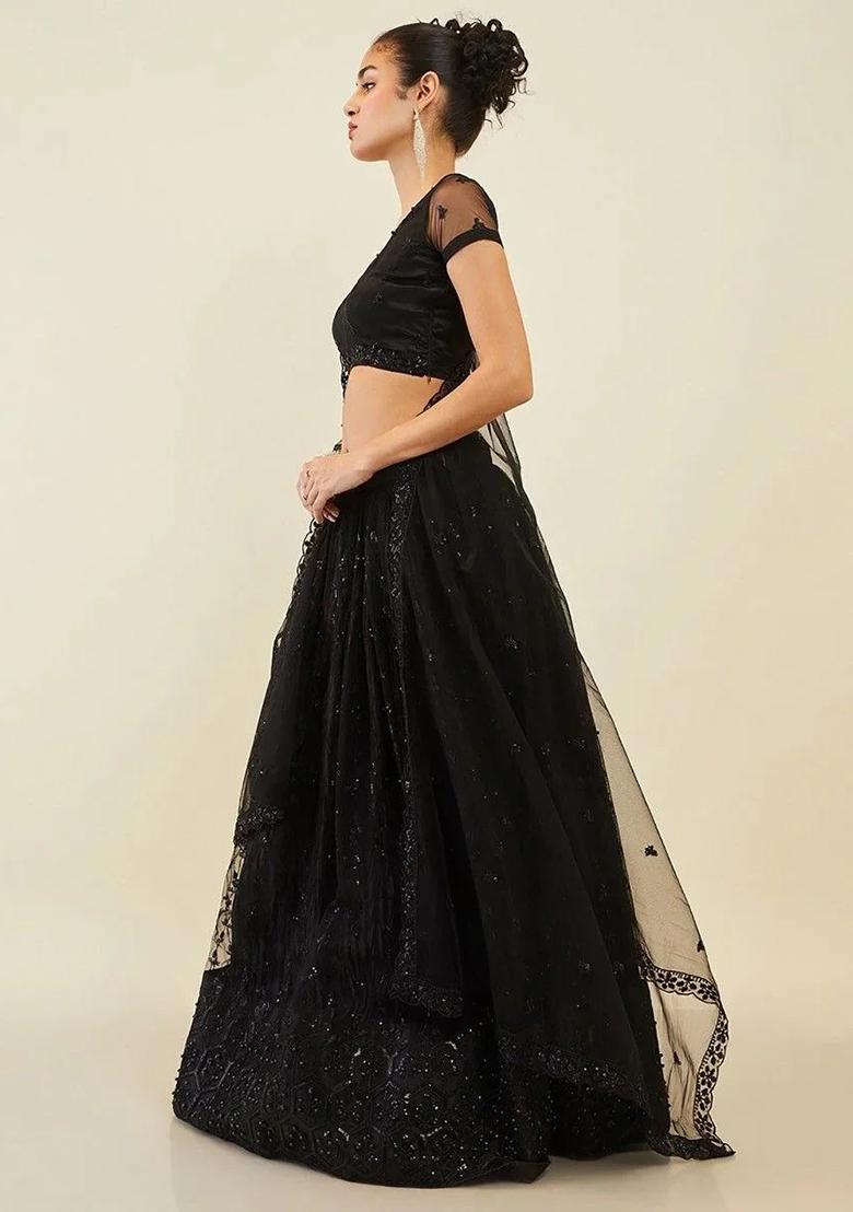 Black Thread Embroidery Net Lehenga Choli Set - Indya