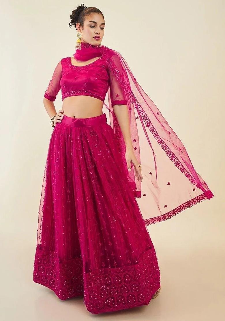 Pink Thread Embroidery Net Lehenga Choli Set - Indya