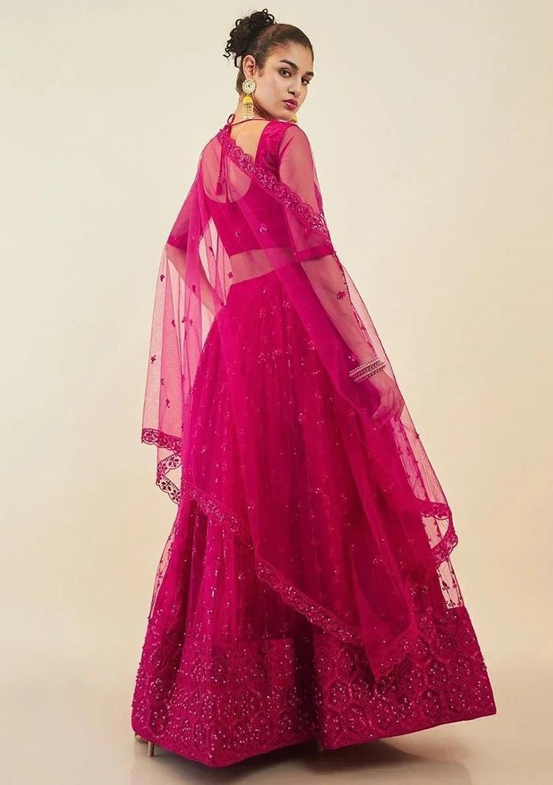 Pink Thread Embroidery Net Lehenga Choli Set