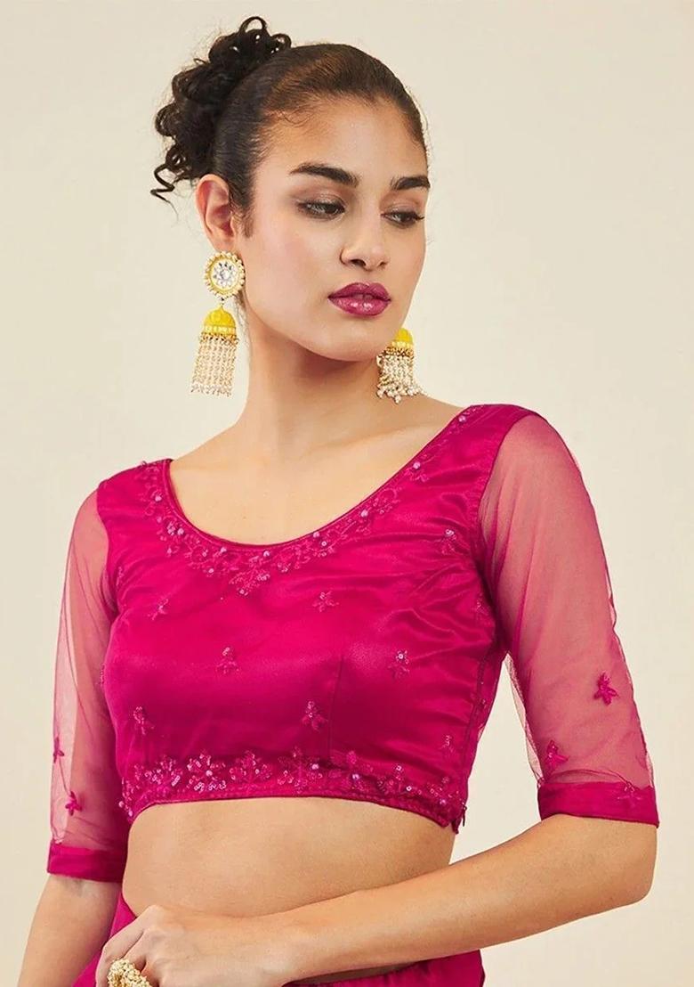 Pink Thread Embroidery Net Lehenga Choli Set - Indya