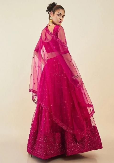 Pink Thread Embroidery Net Lehenga Choli Set