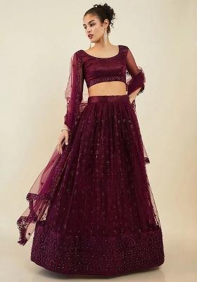 Purple Thread Embroidery Net Lehenga Choli Set