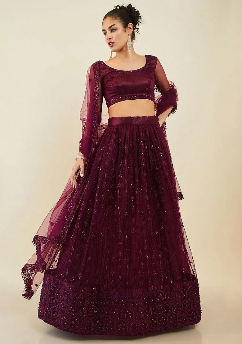 Purple Thread Embroidery Net Lehenga Choli Set