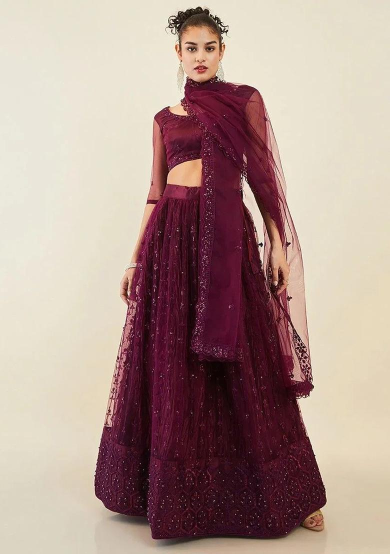 Purple Thread Embroidery Net Lehenga Choli Set - Indya
