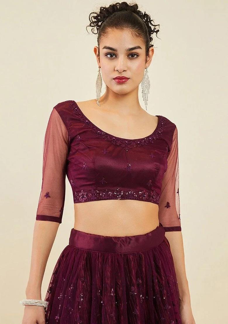Purple Thread Embroidery Net Lehenga Choli Set - Indya