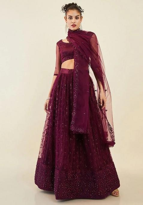 Purple Thread Embroidery Net Lehenga Choli Set