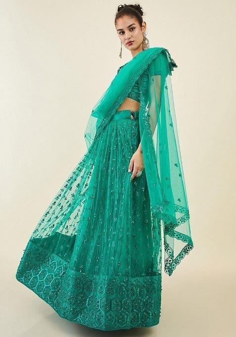 Green Thread Embroidery Net Lehenga Choli Set