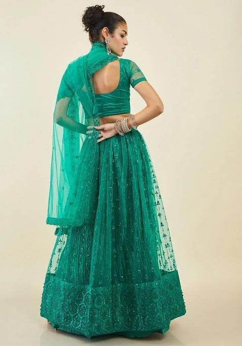 Green Thread Embroidery Net Lehenga Choli Set
