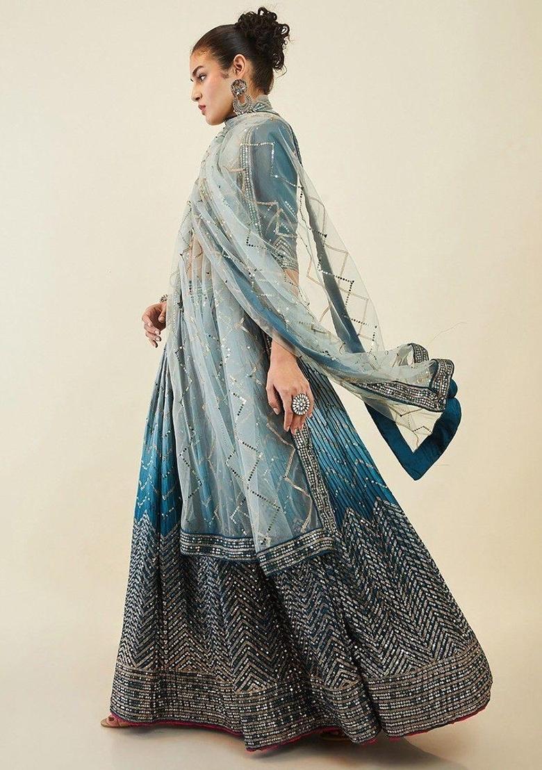 Blue Thread Embroidery Silk Lehenga Choli Set