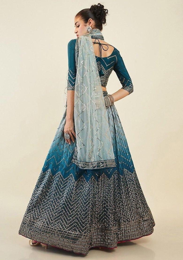 Blue Thread Embroidery Silk Lehenga Choli Set - Indya