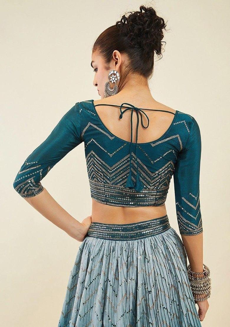 Blue Thread Embroidery Silk Lehenga Choli Set - Indya