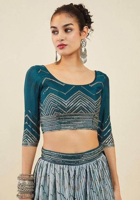 Blue Thread Embroidery Silk Lehenga Choli Set