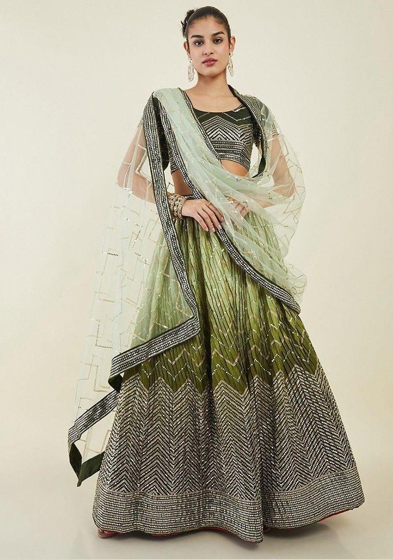 Green Thread Embroidery Silk Lehenga Choli Set