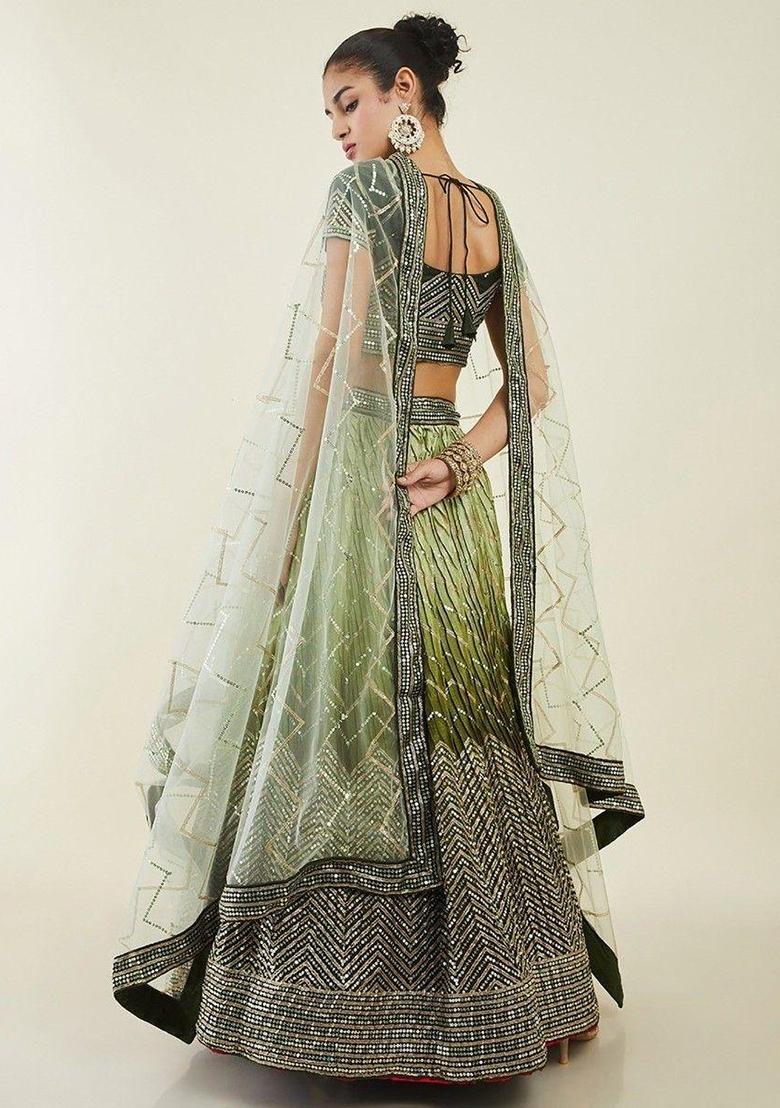 Green Thread Embroidery Silk Lehenga Choli Set - Indya