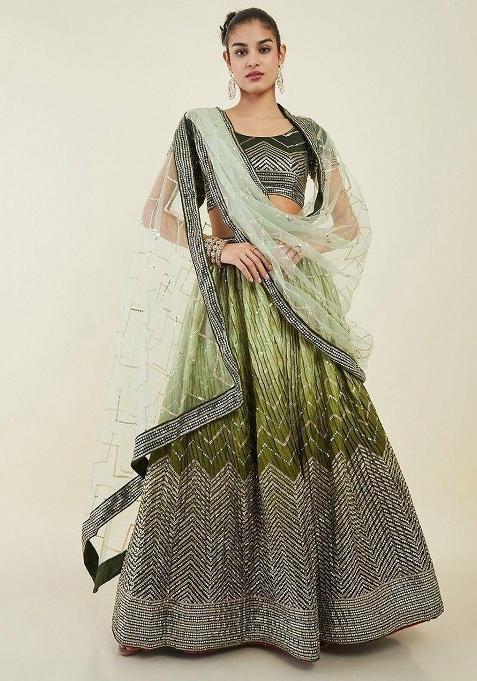 Green Thread Embroidery Silk Lehenga Choli Set